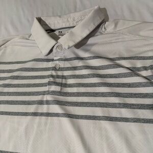 Under Armor Golf Polo Heat Gear White/Grey Stripped Mens XXL